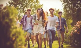 ai generativo multirracial feliz amigos rindo caminhando lado de fora alegre jovem pessoas tendo Diversão suspensão Fora em verão dia universidade alunos sorridente em pé juntos dentro Faculdade campus bac foto