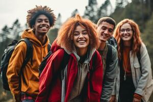 ai generativo multirracial feliz caminhantes empilhamento mãos lado de fora grupo do feliz alpinistas com mochilas tendo Diversão em caminhada Tour esporte vida estilo conceito com rapazes e meninas a comemorar sucesso foto