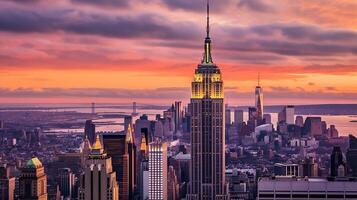 ai generativo Novo Iorque cidade panorama às pôr do sol com uma dramático céu dentro a fundo foto