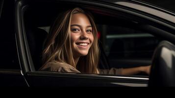 ai generativo foto do positivo delicioso mulher motorista desfrutando carro passeio feliz jovem fêmea comprando Novo auto automóvel indústria e aluguel carro conceito