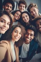 ai generativo retrato fechar acima cenário do feliz rostos jovem amigos em pé dentro círculo e olhando às Câmera milenar diverso pessoas levando selfie foto vida estilo conceito com rapazes e menina