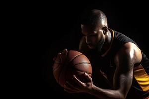 ai generativo retrato do uma basquetebol jogador segurando bola com mãos atleta concentrando em jogos seletivo foco em a bola foto