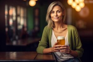 ai generativo retrato do uma bonito caucasiano mulher bebendo Cerveja com dela grupo do amigos às uma Barra restaurante ela é olhando às a Câmera segurando a vidro foto