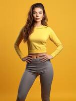 ai generativo retrato do lindo jovem mulher pensando posando dentro casual confortável roupas isolado em brilhante amarelo fundo foto