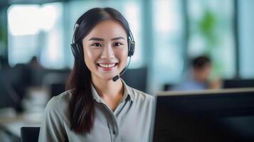 ai generativo bonita ásia recepcionista falando em Telefone às dela local de trabalho foto