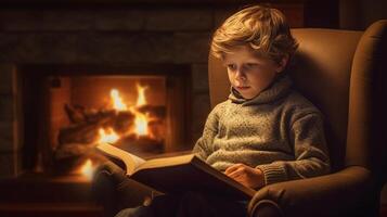 ai generativo lendo a livro e aquecimento ele mesmo de a fogo conceito sobre lareira Educação e inverno foto