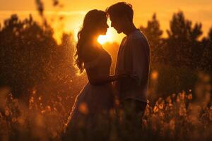 ai generativo romântico casal dentro amor estão se beijando às pôr do sol ao ar livre foco em a homem foto