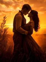 ai generativo romântico casal dentro amor tendo uma romântico beijo às pôr do sol em uma trigo campo borrado efeito foto