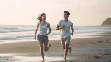 ai generativo romântico casal dentro amor apreciar liberdade corrida às a de praia às pôr do sol jovem pessoas tendo Diversão às período de férias ao ar livre foto