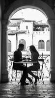 ai generativo romântico casal dentro amor se beijando às feriado dentro Veneza Itália san marco quadrado foto