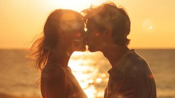 ai generativo romântico casal dentro amor se beijando às pôr do sol namorado e namorada tendo uma romance beijo ao ar livre caloroso filtro foto