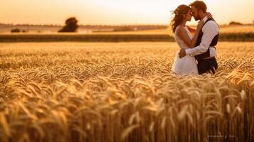 ai generativo romântico casal se beijando às pôr do sol em uma trigo campo foto