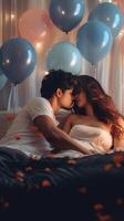 ai generativo romântico casal se beijando deitado em cama namorado e namorada dentro amor foto