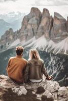 ai generativo romântico casal em período de férias visitando italiano dolomites Alpes homem e mulher tendo Diversão juntos sentado em uma Colina foto
