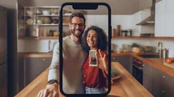 ai generativo romântico casal levando uma selfie às café da manhã dentro a cozinha às casa lindo pessoas às quarentena período foto