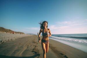 ai generativo corre mulher pára para respiração às a de praia mar cenário caucasiano pessoas pessoas e esporte conceito foto