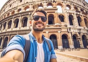 ai generativo selfie do uma bonito caucasiano homem turista dentro Roma às Vaticano cidade em período de férias foto