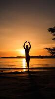 ai generativo Senior mulher fazendo ioga exercício árvore pose às de praia às pôr do sol calma e meditação conceito foto