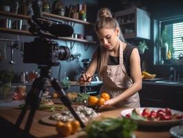 ai generativo Senior mulher cozinhando saudável Comida dentro a cozinha Comida blogueiro gravação vídeo tutorial às casa pessoas Comida e vlogger conceito foto