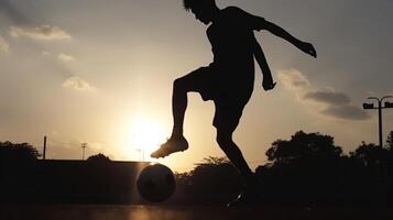 ai generativo silhueta do uma futebol jogador em uma futebol campo às pôr do sol desportivo homem é babar com a bola ao ar livre foto