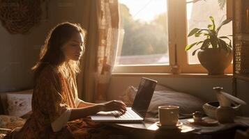 ai generativo silhueta retrato do uma jovem mulher deitado em a cama às casa bebendo café enquanto usando pc computador portátil inteligente trabalhando conceito foto