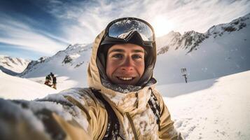 ai generativo esquiador homem é levando uma selfie em uma Nevado montanha às inverno foto