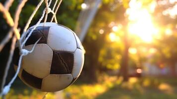 ai generativo futebol bola dentro objetivo ao ar livre em uma pôr do sol fundo estilo de vida cena conceito sobre esporte foto