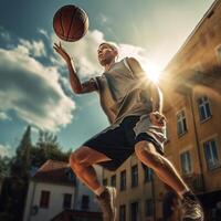 ai generativo rua basquetebol jogador fazer uma poderoso bater enterrado em a quadra Atlético masculino Treinamento ao ar livre em uma nublado céu fundo esporte e concorrência conceito foto