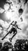 ai generativo rua basquetebol jogador fazer uma poderoso bater enterrado em a quadra Atlético masculino Treinamento ao ar livre em uma nublado céu fundo esporte e concorrência conceito foto