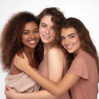 ai generativo três multicultural jovem mulheres abraçando juntos lindo fêmeas retrato amizade conceito foto