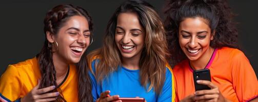 ai generativo três jovem mulheres rindo juntos segurando inteligente telefone Móvel multicultural fêmea amigos desfrutando uma feriado dia Fora feliz estilo de vida juventude e tecnologia conceito foto