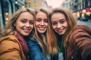 ai generativo três jovem mulheres levando selfie caminhando em cidade rua multirracial fêmeas cenário sorridente às Câmera lado de fora amizade e turismo conceito com meninas tendo Diversão juntos foto