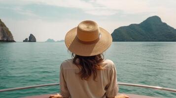 ai generativo viajante mulher com chapéu desfrutando desejo de viajar Visão feliz menina viajando Ásia foto
