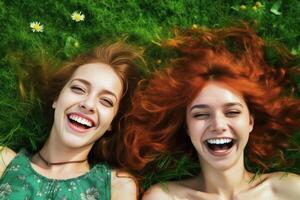 ai generativo dois jovem meninas tendo Diversão deitado em a Relva melhor amigos sorridente às a parque dentro outono conceito sobre felicidade estilo de vida e pessoas foto