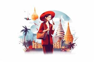 ai generativo mulher dentro ásia vestir e chapéu segurando homem de mão viajando Ásia pov Visão foto