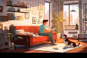 ai generativo preocupado casal com cachorro lendo a importante notificação dentro uma carta sentado dentro a vivo quarto às casa foto
