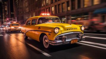 ai generativo amarelo táxi em a estrada dentro Novo Iorque cidade às noite foto