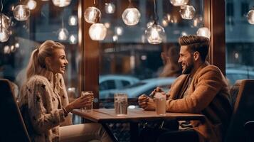 ai generativo jovem casal falando às café fazer compras em uma encontro amoroso casal tendo Diversão às uma restaurante foto