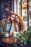 ai generativo jovem atraente casal dentro amor em encontro dentro café fazer compras eles estão sentado face para face foto