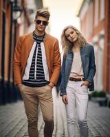 ai generativo jovem casal dentro amor ao ar livre sensual ao ar livre retrato do jovem à moda moda casal posando dentro verão dentro a cidade foto