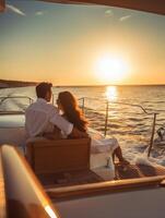 ai generativo jovem casal relaxante em iate cruzeiro dois amantes desfrutando verão período de férias experiência em vela barco às a mar horário de verão feriados e luxo viagem conceito foto