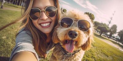 ai generativo jovem menina levando uma selfie com dela cachorro deitado em a Relva às a parque foto