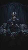 ai generativo jovem homem usando inteligente telefone Móvel milenar cara com celular deitado em cama às casa tecnologia e pessoas conceito foto