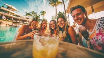 ai generativo jovem pessoas tendo Diversão às exclusivo natação piscina festa às uma tropical recorrer às período de férias às verão amigos a comemorar bebendo champanhe foto