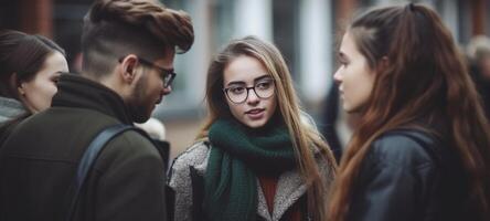 ai generativo jovem pessoas vestindo inverno roupas tendo Diversão em cidade rua grupo do feliz amigos socializar falando e rindo juntos juventude estilo de vida conceito com rapazes e meninas curtindo foto