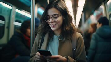 ai generativo jovem mulher vestindo protetora face mascarar usando inteligente telefone dispositivo em Londres subterrâneo menina assistindo telefone em a tubo tecnologia e saudável conceito foto