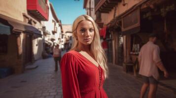 ai generativo jovem mulher com vermelho vestir visitando a azul cidade chefchaouen Marrocos feliz turista caminhando dentro marroquino cidade rua viagem e período de férias estilo de vida conceito foto