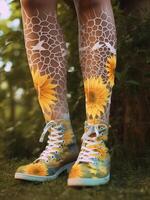 ai generativo fechar-se do uma par do sapatos em uma Prado do margaridas tatuagem em a perna tatuagem natureza e pessoas conceito foto