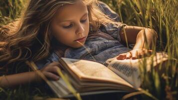 ai generativo menina lendo uma livro deitado em a Relva pessoas Educação natureza e estilo de vida conceito foto