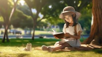 ai generativo menina lendo uma livro deitado em a Relva pessoas Educação natureza e estilo de vida conceito foto